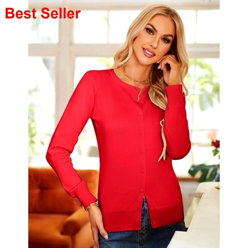 Long Sleeve Button Down Cardigan, Stretchy Knit, Office Essential, S-2XL